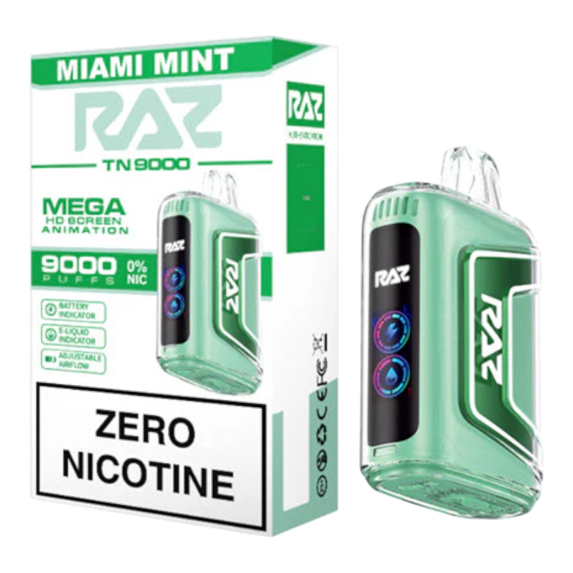 RAZ 9K ZERO NIC • MIAMI MINT - RAZ 9K ZERO NICOTINE MIAMI MINT